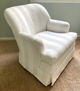 lot 15 image: Pair of  White on White Striped Upholstered Chairs