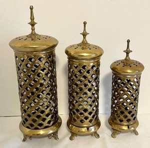 lot 118 image: Vintage Pierced Brass Lantern Candle Holders  Incense Burners