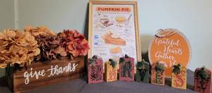 lot 80 image: Fall Decor- wood piece with flowers, 2 hanging pieces, wood letters
