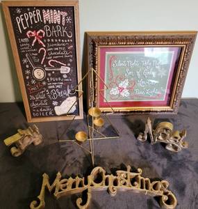 lot 84 image: Christmas Decor- 2 hanging picture, tree candel holder, 3 standing words