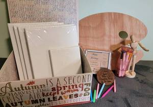 lot 95 image: ArtCraft items- Canvas 5 8x10 1 small, stamps, markers, wood paint pallet, magnet, wood figure, papper quilling pens