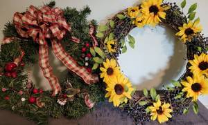 lot 102 image: 2 Wreaths 1 Christmas 1 sunflower