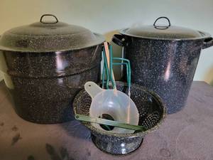 lot 117 image: Canning Equipment- 2 water bathe canning pots, strainer, funnel, magnet lid stick, spatula, can grabbers