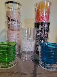 lot 121 image: Tervis Tumbler Lot of 7- 4 24 oz (Wedding related), 1 16 oz (Bride), 2 juice size