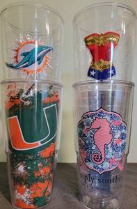 lot 122 image: Tervis Tumbler Lot of 4- 24 oz- Miami, Wonder Woman, Beachy