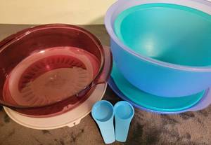 lot 126 image: Tupperware Bowls with lids and magnetic tablespoon and teaspoon
