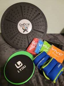 lot 162 image: Core Sliders, resistance bands with door anchor, wrist weights, Cando Balance board