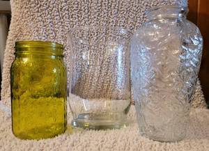 lot 169 image: 3 Glass vases- 1 small Mason jar style, 1 wide open top, 1 Princess House Fantasia 9 tall etched glass (sticker is very faded)