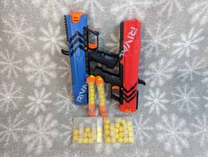 lot 34 image: Nerf gun smaller Rival guns with clip and extra ammo storage belt clips with extra ammo