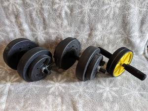 lot 75 image: set of dumbells and other exercise equipment