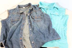 lot 214 image: Teal Hand Dyed Denim Cutoff Vest Small and XL Denim Cutoff Vest