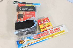 lot 220 image: 3ct XL Hanes Boxer Briefs, Opened But Never Worn, Pack of TNT Morning Glory Sparklers, Pack of TNT Pop-Its