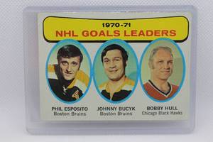 lot 80 image: 1970-71 NGL Goals Leaders Esposito, Bucyk, Hull Topps No. 1