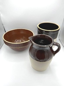Vintage 7.5 Stoneware Crock  10 Mixing Bowl  8 Stoneware Pottery Pitcher