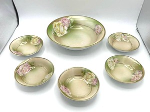 Set of 6 Vintage Bavaria Mentone Green and Pink Rose Bowls