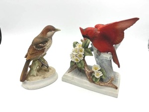 Vintage Porcelain Lefton China Brown Thrasher and Cardinal