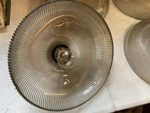 lot 100 image: Holophane Prismalume Glass Industrial Pendant Hanging Glass Light Fixtures