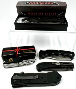 lot 180 image: 5 Tactical  Folding  Utility Knifes by BAD BLOOD, WINCHESTER, BLACK LABEL, BROWNING & SUPER MULTI PURPOSE KNIFE