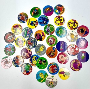 lot 187 image: Retro Vintage Lot of 30 Cartoon, Sports and Funky Figures 1990s POGS