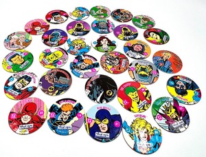 lot 189 image: Retro Vintage Lot of 30 Superhero and Super-Villain 1990s POGS including SUPERGIRL, FLASH, LOIS LANE, THE CREEPER and more