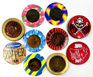 lot 190 image: Retro Vintage Lot 10 Hologram 1990s POGS including Metal Red Poison Skull, Metal Shark Bait, Brass Gorilla & Eagle, Its Out There ZAPPER and more