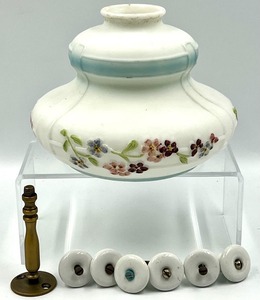 lot 195 image: Vintage Satin Glass Parlor Lamp Shade & Milk Glass Drawer Knobs