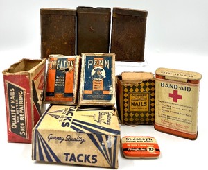 lot 196 image: Vintage Tins, Tacks, Band-Aid and ST. JOSEPH Aspirin Tin CIRCA 1930s