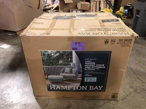 Hampton Bay Fairmist Waterproof UV Protected Resin Wicker Outdoor Lounge Chair Plus Ottoman with White CushionGuard Cushion Customer Returns See Pictures