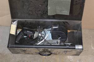 lot 153 image: Misc tools and tin container