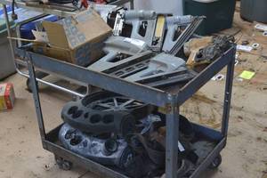 lot 21 image: Wheeled Cart and Contents including multiple pneumatic staplers