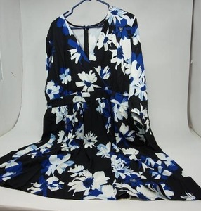 lot 75 image: Eloquii Womens NWT Size 20 V-Front Zipper Back Tie Sleeves Dress Blue Black White Floral