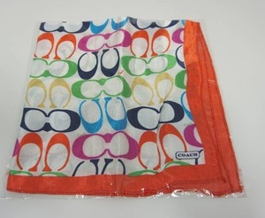 lot 130 image: COACH SILK Square Purse Scarf NWT Script Neck Multi-Color with Orange Trim
