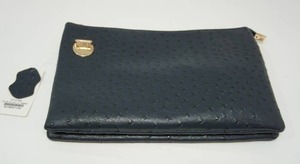 lot 142 image: NWT Navy Blue Ostrich Leather Clutch Crossbody Bag