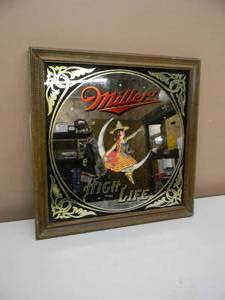 VINTAGE - MILLER HIGH LIFE LADY ON THE MOON BAR SIGN  MIRROR - AWESOME PIECE - NICE - APPROX 15 By 15 - SEE PICTURES