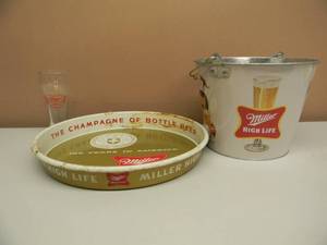 VINTAGE MILLER HIGH LIFE TRAY, BUCKET & GLASS - COOL OLD SCHOOL COLLECTION - SEE PICTURES