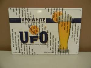 NEW OLD STOCK - RARE - UFO UNFILTERED WHEAT BEER TIN SIGN, WITH PROTECTIVE PLASTIC STILL ON IT - NICE - AWESOME PIECE - APPROX 17 By 12 - SEE PICTURES