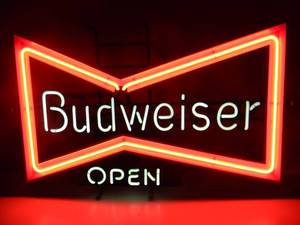 VINTAGE BUDWEISER BOWTIE OPEN NEON LIGHT - FANTASTIC PIECE - WORKS - NICE - APPROX 30 By 20 - SEE PICTURES