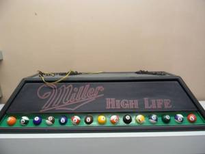 VINTAGE MILLER HIGH LIFE POOL TABLE BAR LIGHT - VERY NICE - NEEDS BULBS - FANTASTIC OLD SCHOOL PIECE - APPROX 47L By 20W By 12H - SEE PICTURES