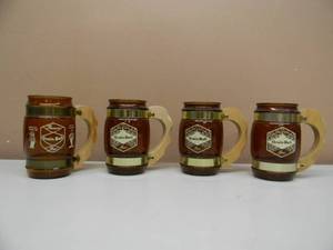 Grain Belt Beer Siesta Wear, Amber Glass Brass Wood handle BEER MUGS - FANTASTIC PIECES - SEE PICTURES