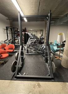Commercial smith machine with weight storage in back. Works great with no issues,  Does not come with weights