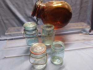 lot 138 image: Amber Jar, Blue Canning Jars