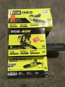 Lot of 3 Assorted Ryobi Chainsaaws Various Sizes  Customer Returns See Pictures
