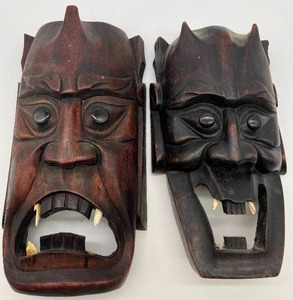 Vintage Japanese Wood Hannya Devil Noh-Men Noh Kagura Mask Hand Carved with Real Teeth