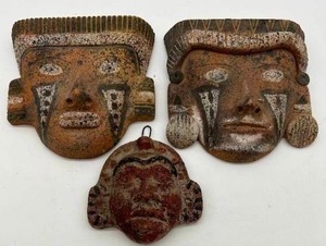 Lot of 3 AZTEC MAYAN  Culture Terracotta Clay Masks