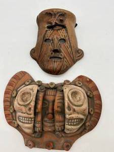 Set of 2 Vintage Mexican Clay Terra Cotta Axis Mundi of the Universe Masks