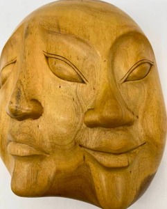 Vintage Two Faced Duo Dimensional Wood Indonesia Wood Wall Mask Signed