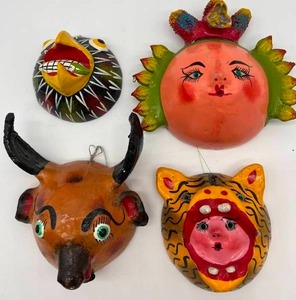 Set of 4 Vintage Mexican Folk Art Coconut Art