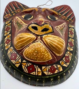 Vintage Mexican Balinese Painted Jaguar  Cat Face Mask Plaque