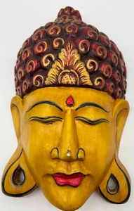 Vintage Carved & Painted Wood Buddha Mask From Indonesia