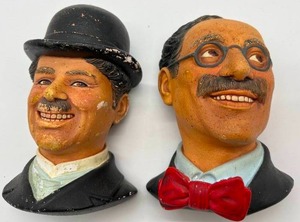 Pair of 2 Vintage Bossoms Chalkware CHARLIE CHAPLIN & GROUCHO MARX Wall Hanging Decor